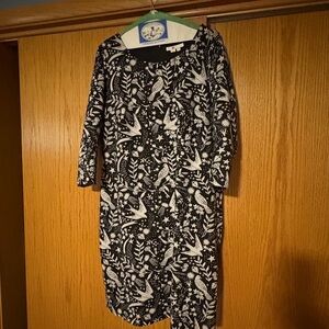 Boden Monochrome Bird and Floral Long Sleeve Dress